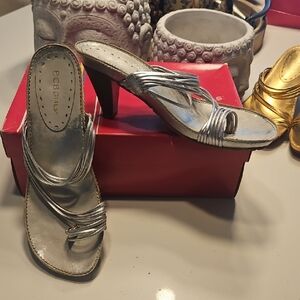 BCBGirls Silver Strappy Mid-Heel Slide Sandals